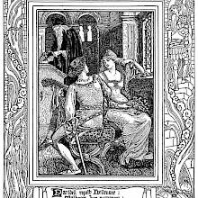 A man is sitting next to a woman with a bunch of flowers in her lap and plays the lute for her
