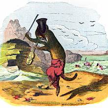 A weasel wearing a hat and holding a violin dances on the seashore