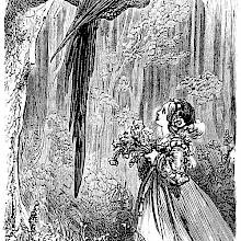 A young girl stands under a tree, looking up at a large bird sitting on a branch