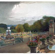 Gardens of Harewood House after a storm, showing a balustrade, fountains, and flower beds