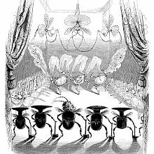 Three crabs are dancing at the back of a stage as beetles with hammers stand in the foreground