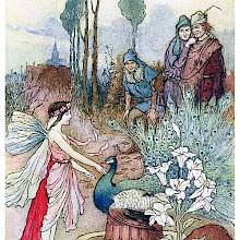A fairy works her magic to provide beggars with peacock pie, a piece of venison and lily flowers