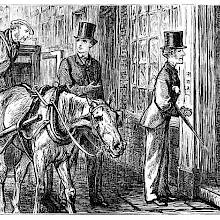 Two men, just out of a horse-drawn cab, stand outside a door that a woman has half opened