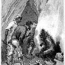 Three men are gathered around an orangutan at the entrance of a cave