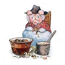 A female pig wearing is sitting on a chair and peeling potatoes