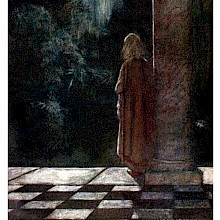 A young woman is seen from the back standing next to a tall column and staring out into the night