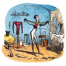 A man stands in the middle of a shabby and untidy room, dressing with great care