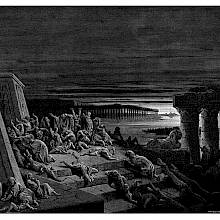 Crocodiles climb the stairs to a terrace where a group of people has gathered as daylight dies out