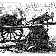 A woman pulls a cart filled with corpses along the cemetery wall, bending under the toil