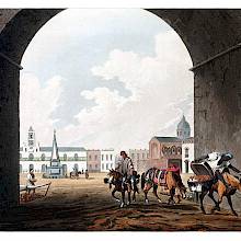 Hand-colored aquatint showing the Plaza de Mayo as seen through the center arch of the Recova