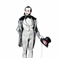 full-length portrait of a man with extensive sideburns, dressed to the nines and holding a top hat in his hand