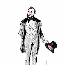 A man with sideburns and dressed up to the nines holds a top hat in his hand