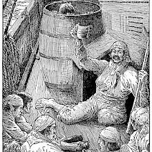 Pirates are sitting on the deck as a figure hiding in a barrel is spying on them