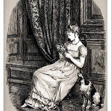 A woman is sitting in a paneled room with a dog at her side, plucking at a small bouquet