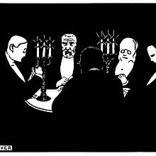 Five card players are sitting in a dark room around a table lit by two candelabras