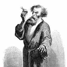 A man in a dressing gown holds a vial at eye level and takes a look at it