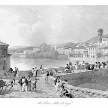 View of the Arno at Florence, with a section of the Ponte alla Carraia busy with people and carts