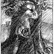 A shepherd takes shelter from the heavy rain by pressing himself against a tree trunk while looking up at the sky