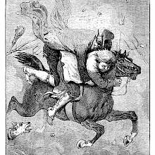 Two men on a single horse flee an invisible mob throwing stones at them