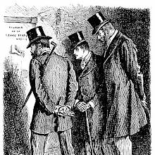Three men stand looking wistfully at a drawing on a wall