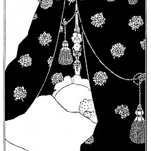 Self-portrait showing Aubrey Beardsley tucked beneath the sheets of a monumental bed