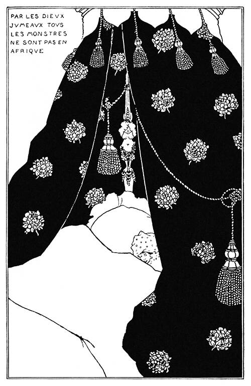 Self-portrait showing Aubrey Beardsley tucked beneath the sheets of a monumental bed