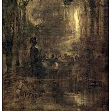 Silhouettes are dancing in a ring in a forest clearing, where the statue of an ancient god stands by a pond