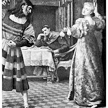 A woman hands out a purse to her baffled husband as a prelate sits in the background