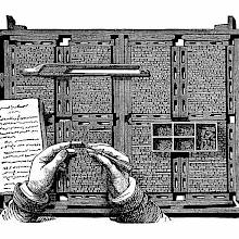 A multipage form is being corrected by a compositor using tweezers