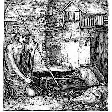 A swineherd is kneeling in a farmyard beside a trough from which two piglets are eating