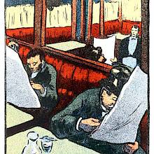 Interior view of a café with a waiter standing and three men sitting at tables reading newspapers