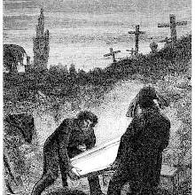 Two men in a cemetery are carrying a coffin to a public grave