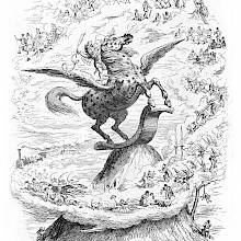 An imp-like creature stands on the back of a winged horse ready to fly off the top of a mountain