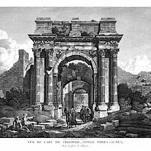 Frontal view of the Arch of of the Sergii in Pula, Croatia, featuring men standing in the archway and women sitting on rubble