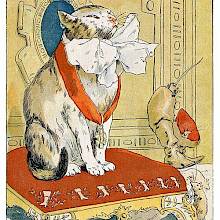 Puss in Boots sits dignified on a cushioned stool, wearing a medal and a puffy white bow