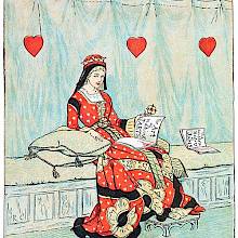 The Queen of Hearts is sitting on a bench leafing through a book titled The Art of Making Tarts