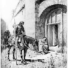 A knight carrying a halberd has stopped his horse at the gate of the fortress and gazes at the sleeping gatekeeper