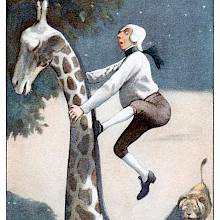 Baron Munchausen runs up the neck of a giraffe to escape a lion chasing after him