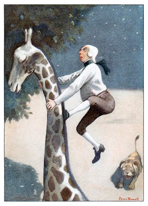 Baron Munchausen runs up the neck of a giraffe to escape a lion chasing after him