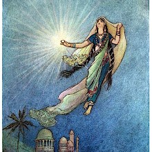 A woman floats in the air, a radiant gem shining in her hand as she looks up toward the sky