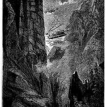 An aircraft shaped like a sailing ship comes flying between the rocky walls of towering mountains