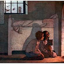 A boy and a girl are kneeling in front of a fireplace as the fire lights up their faces