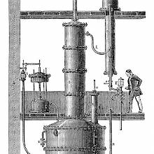 Cross section of a distillery showing Désiré Savalle's device for rectifying alcohol