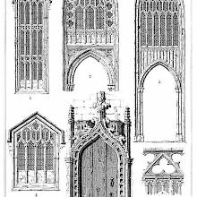 Detail view of four windows and a doorway at St. Mary Redcliffe, Bristol