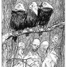 Three crows are perched on a branch from which the bodies of hanged people are dangling