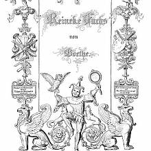 Illustrated title page of Reineke Fuchs showing monkeys playing music and a jester with an owl