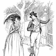 A man takes a walk with a woman carrying a parasol and gestures a gate