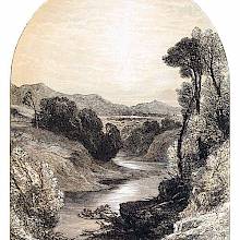 View of an open landscape featuring a river hemmed in by steep banks, with hills on the horizon