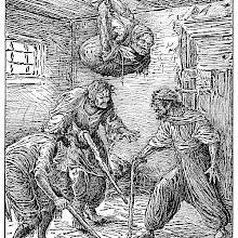 Three men in a room try to locate the fourth one who is hanging from the ceiling on a rope