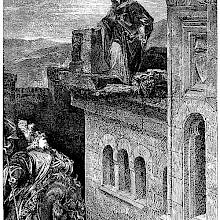 A knight on horseback has stopped within the castle walls to talk to a woman standing above him